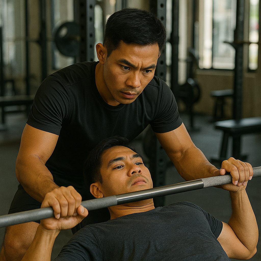 Professional fitness trainer working with client